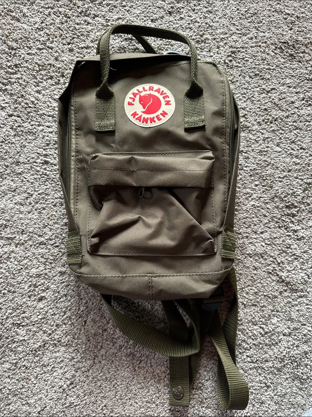 Fjallraven Olive Green Mini Kanken with Red Logo Patch